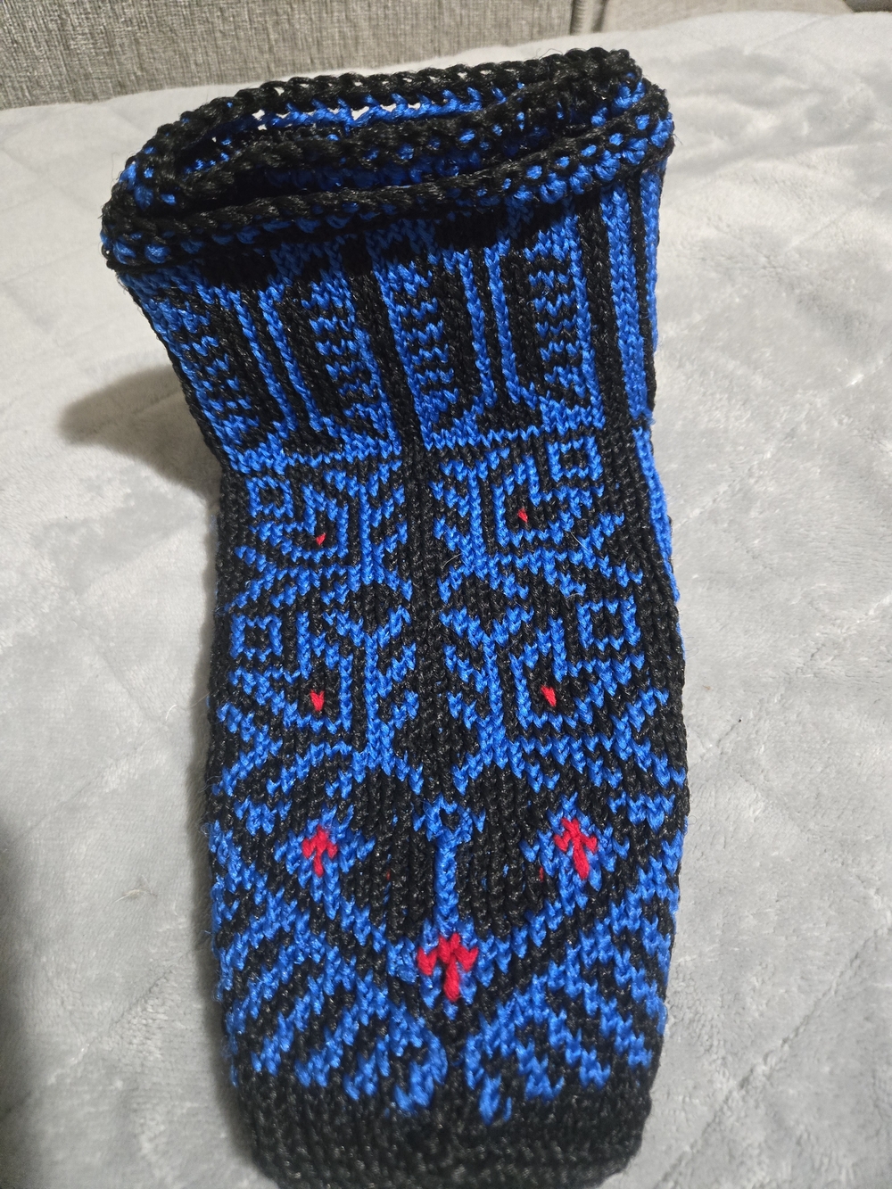 Handmade Blue and Black Knit Slipper Sock with Red Accents